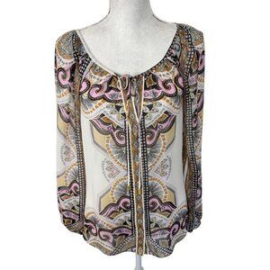 Hale Bob Women's S Sheer Chiffon Button Blouse Multi Paisley EUC